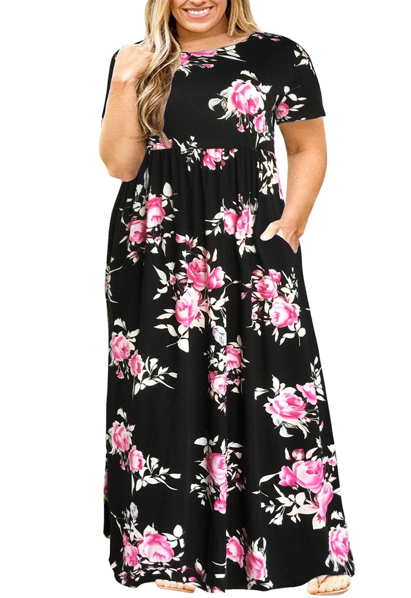Nemidor Plus Size Maxi Dresses for Curvy Women Summer Casual Loose Short Sleeve Long Beach Dress with Pocket(149,22,143Black Print) - Image 1
